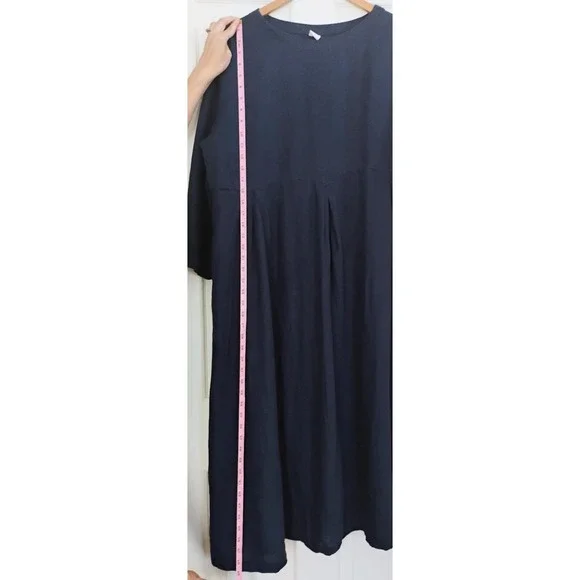 LINTICO Navy Blue Linen Pleated Midi Dress XXL 3/4 Sleeve Pockets Lagenlook - Picture 7 of 7